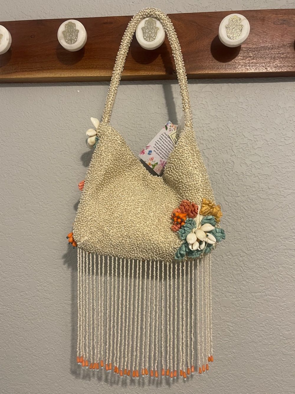 Viral Beaded Bag - Floral Fringe Satchel - Ivory with Orange & Teal Accents - Picture 8 of 12